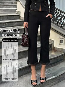 SHEIN PETITE Minimalist Mesh Patchwork Elegant Cropped Flare Pants For Office And Commute - Black - View 2