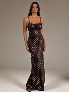 SHEIN Tall Summer Elegant Polka Dot Print High Slit Spaghetti Strap Dress - Brown - View 1