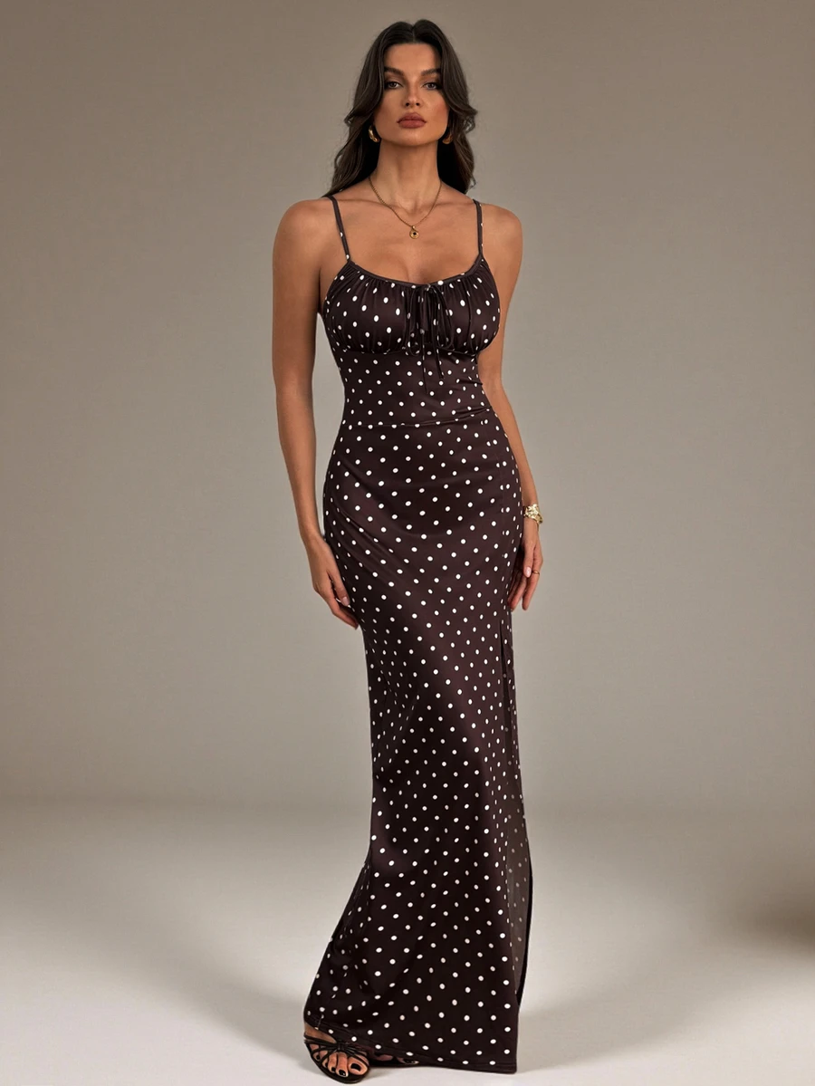SHEIN Tall Summer Elegant Polka Dot Print High Slit Spaghetti Strap Dress - Brown - View 1