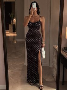 SHEIN Tall Summer Elegant Polka Dot Print High Slit Spaghetti Strap Dress - Brown - View 4