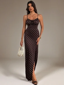 SHEIN Tall Summer Elegant Polka Dot Print High Slit Spaghetti Strap Dress - Brown - View 3