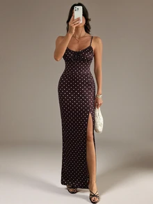 SHEIN Tall Summer Elegant Polka Dot Print High Slit Spaghetti Strap Dress - Brown - View 7