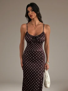SHEIN Tall Summer Elegant Polka Dot Print High Slit Spaghetti Strap Dress - Brown - View 6