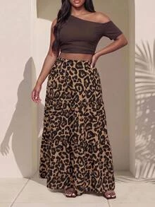 Truni Rok Midi Elegan Motif Leopard Cokelat untuk Wanita Ukuran Plus, Sempurna untuk Kencan Musim Gugur - MultiWarna - View 7