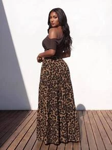 Truni Rok Midi Elegan Motif Leopard Cokelat untuk Wanita Ukuran Plus, Sempurna untuk Kencan Musim Gugur - MultiWarna - View 2