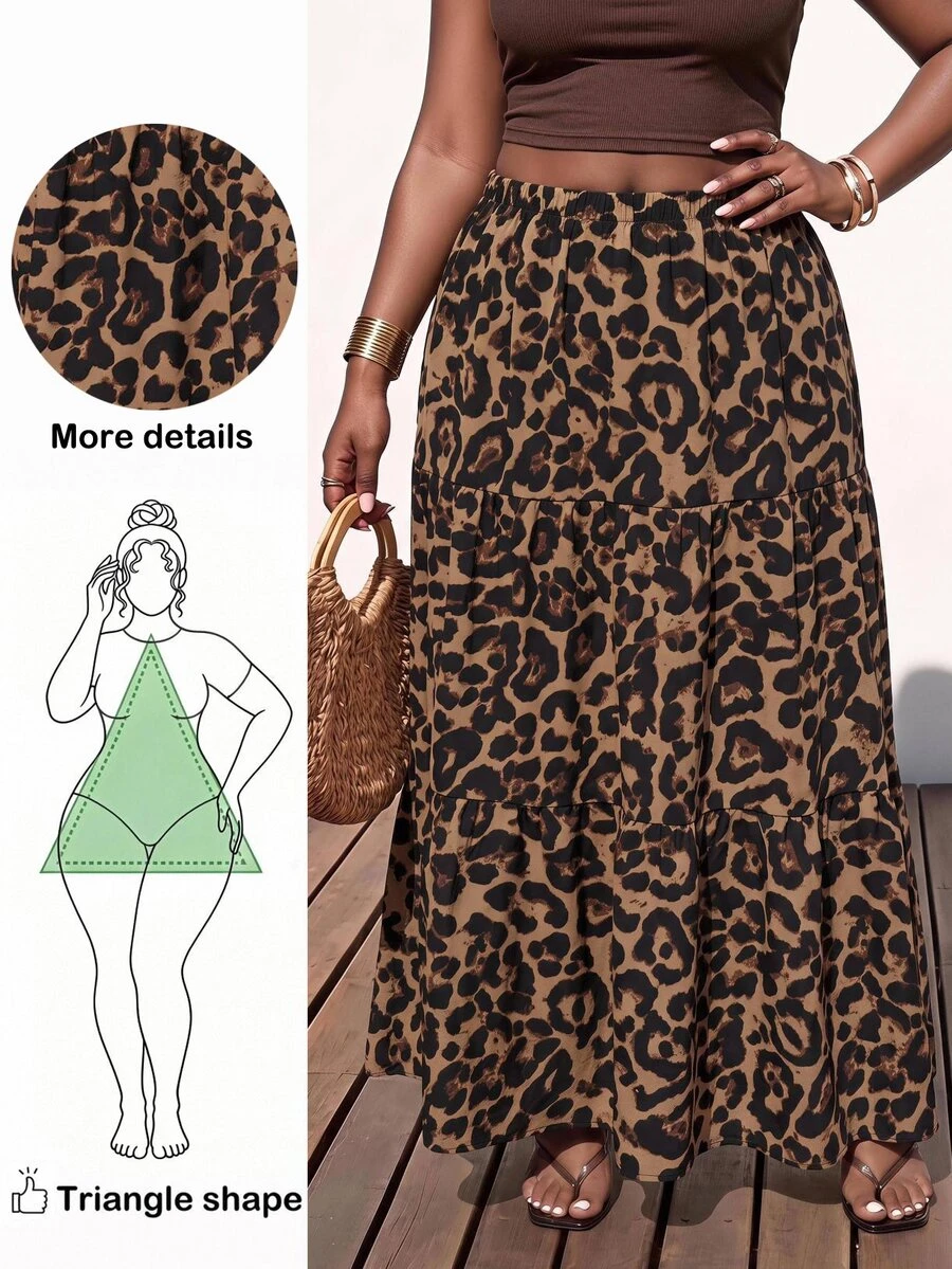 Truni Rok Midi Elegan Motif Leopard Cokelat untuk Wanita Ukuran Plus, Sempurna untuk Kencan Musim Gugur - MultiWarna - View 1