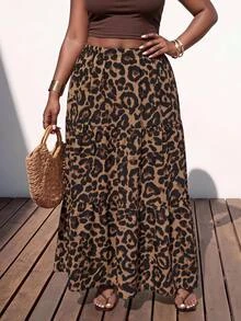 Truni Rok Midi Elegan Motif Leopard Cokelat untuk Wanita Ukuran Plus, Sempurna untuk Kencan Musim Gugur - MultiWarna - View 6