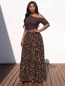 Truni Rok Midi Elegan Motif Leopard Cokelat untuk Wanita Ukuran Plus, Sempurna untuk Kencan Musim Gugur - MultiWarna - View 5