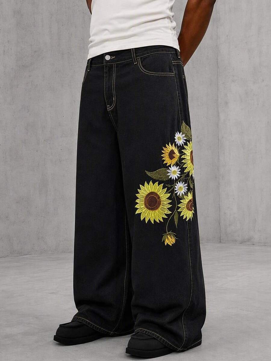 AXEPEAK Men's Black & Grey Washed Embroidered Fashion Long Pants - Black - View 1