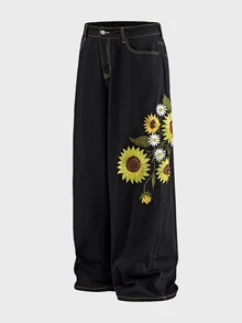 AXEPEAK Men's Black & Grey Washed Embroidered Fashion Long Pants - Black - View 4