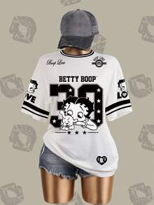 Betty Boop x SHEIN 女款卡通印花短袖T恤 校園休閒風 黑白配色 夏季街頭風 - 白色 - 查看 7