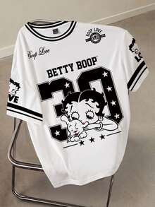Betty Boop x SHEIN 女款卡通印花短袖T恤 校園休閒風 黑白配色 夏季街頭風 - 白色 - 查看 1