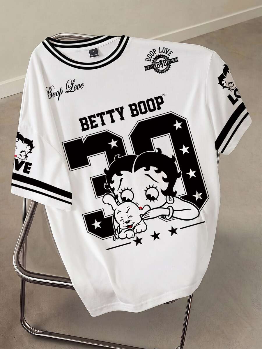 Betty Boop x SHEIN 女款卡通印花短袖T恤 校園休閒風 黑白配色 夏季街頭風 - 白色 - 查看 1