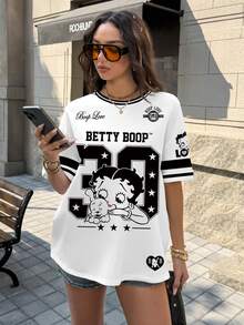 Betty Boop x SHEIN 女款卡通印花短袖T恤 校園休閒風 黑白配色 夏季街頭風 - 白色 - 查看 3