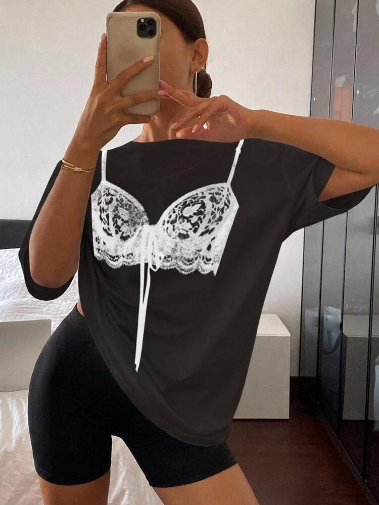 DAZY Women's Fashionable Contrast Color Floral Print Sports Bra T-Shirt, Spring/Summer Graphic Tee - Grey - View 2