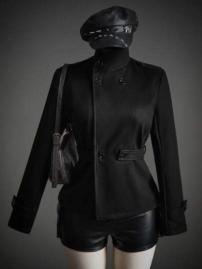 SHEIN ICON Women's Black Solid Color Long Sleeve Double-Breasted Casual Overcoat,Halloween Costumes For Women