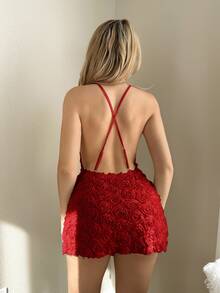SHEIN ICON 超深 V 领花卉装饰吊带迷你连衣裙 - 櫻桃紅 - 查看 6