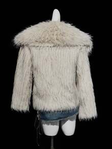 SHEIN ICON Women's Long Sleeve Faux Fur Collar Open Front Fluffy Cardigan Coat, Winter - Beige - View 2