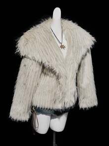 SHEIN ICON Women's Long Sleeve Faux Fur Collar Open Front Fluffy Cardigan Coat, Winter - Beige - View 5