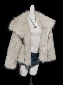 SHEIN ICON Women's Long Sleeve Faux Fur Collar Open Front Fluffy Cardigan Coat, Winter - Beige - View 3