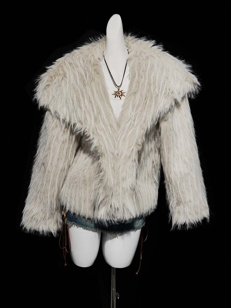 SHEIN ICON Women's Long Sleeve Faux Fur Collar Open Front Fluffy Cardigan Coat, Winter - Beige - View 4
