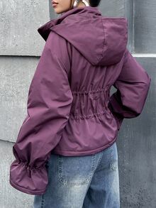 SHEIN ICON 女式紫色抽绳腰褶立领长喇叭袖休闲棉服外套，秋冬 - 紫色 - 查看 2