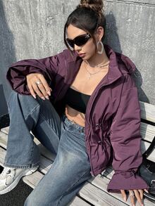 SHEIN ICON 女式紫色抽绳腰褶立领长喇叭袖休闲棉服外套，秋冬 - 紫色 - 查看 3