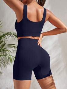 Solea Cove Solea Cove Ribbed Knit Wide Sports Set Workout Women Set Women Workout Set Gym Women Outfit - Navy Blue - View 2