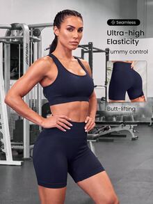 Solea Cove Solea Cove Ribbed Knit Wide Sports Set Workout Women Set Women Workout Set Gym Women Outfit - Navy Blue - View 3