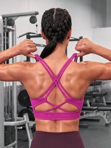 SHEIN Sports 女士纯色无缝交叉后背运动文胸，夏季 - 玫紅色 - 查看 3