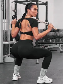 Solea Cove Solea Cove Women's Casual Sports Solid Color Backless Cropped Top & Pants Set Yoga Dress 2 Piece Sets - Black - View 4