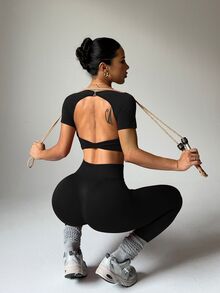 Solea Cove Solea Cove Women's Casual Sports Solid Color Backless Cropped Top & Pants Set Yoga Dress 2 Piece Sets - Black - View 2