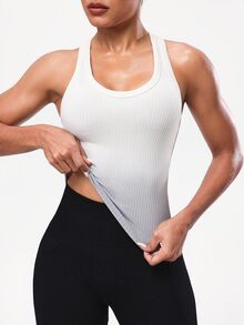 SHEIN Sports 女士渐变色罗纹运动吊带背心，适合健身、跑步、瑜伽 - 奶油白 - 查看 4