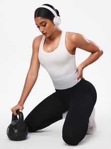 SHEIN Sports 女士渐变色罗纹运动吊带背心，适合健身、跑步、瑜伽 - 奶油白 - 查看 6
