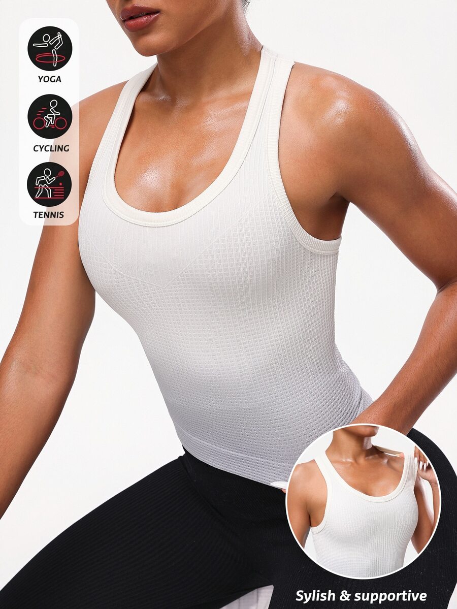 SHEIN Sports 女士渐变色罗纹运动吊带背心,适合健身、跑步、瑜伽 - 奶油白 - 查看 1