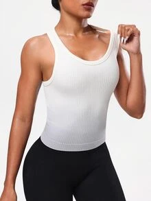 SHEIN Sports 女士渐变色罗纹运动吊带背心，适合健身、跑步、瑜伽 - 奶油白 - 查看 5