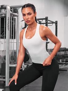 SHEIN Sports 女士渐变色罗纹运动吊带背心，适合健身、跑步、瑜伽 - 奶油白 - 查看 3