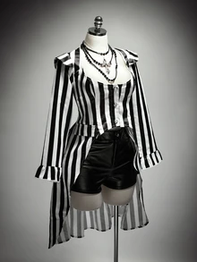 SHEIN ICON Plus Black And White Print Flounce Sleeve Ruffle Trim Blazer Halloween Mana Concert Rave Party Summer Goth Elegant Curve - Black and White - View 5