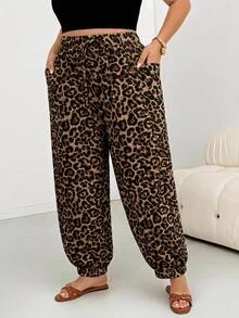 SHEIN CURVE+ Plus Size Leopard Print Drawstring Waist Pants With Pockets - Brown - View 4
