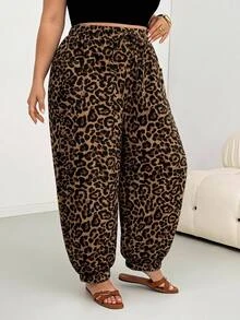 SHEIN CURVE+ Plus Size Leopard Print Drawstring Waist Pants With Pockets - Brown - View 5