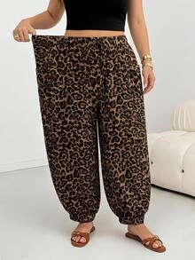 SHEIN CURVE+ Plus Size Leopard Print Drawstring Waist Pants With Pockets - Brown - View 3