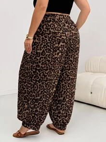 SHEIN CURVE+ Plus Size Leopard Print Drawstring Waist Pants With Pockets - Brown - View 2