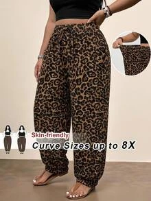 SHEIN CURVE+ Plus Size Leopard Print Drawstring Waist Pants With Pockets - Brown - View 7