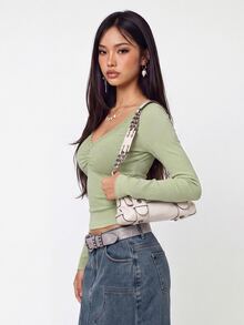 Rina Fox 女款時尚休閒優雅可愛時髦條紋蕾絲拼接長袖T恤 日常約會穿搭 鼠尾草綠 秋季 - 綠色 - 查看 6