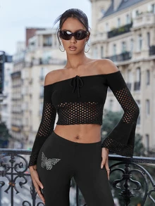 SHEIN ICON Women's Off Shoulder Hollow Out Flare Sleeve Sweater - Black - View 3