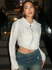 SHEIN ICON Confetti Knit Zip Up Crop Cardigan - White - View 5