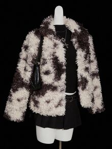 SHEIN ICON 女士撞色长袖宽松人造毛皮夹克冬季外套皮草大衣泰迪熊大衣 - 咖啡棕 - 查看 3