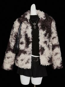 SHEIN ICON 女士撞色长袖宽松人造毛皮夹克冬季外套皮草大衣泰迪熊大衣 - 咖啡棕 - 查看 10