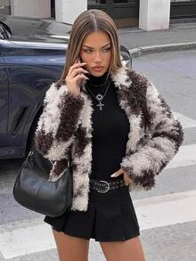 SHEIN ICON 女士撞色长袖宽松人造毛皮夹克冬季外套皮草大衣泰迪熊大衣 - 咖啡棕 - 查看 1
