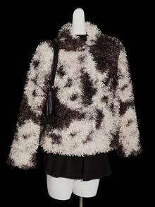 SHEIN ICON 女士撞色长袖宽松人造毛皮夹克冬季外套皮草大衣泰迪熊大衣 - 咖啡棕 - 查看 9